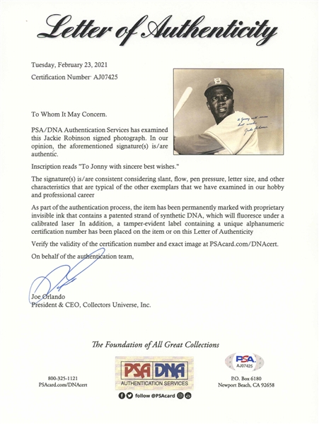 Jackie Robinson Signed 14'' x 11'' Photo -- With PSA/DNA COA